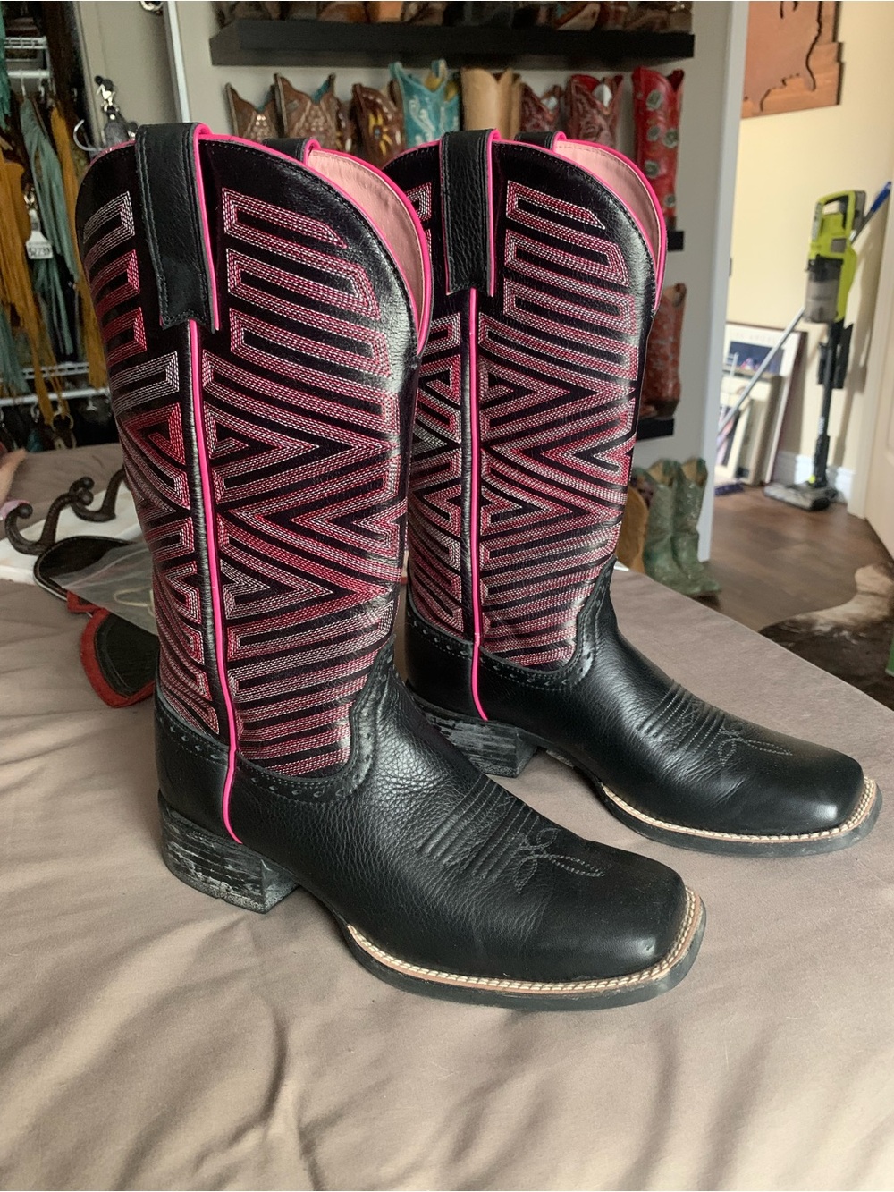 Ariat Black Leather Boots with Pink Geometric Shaft